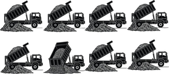 Dump truck unloading gravel and construction material silhouettes showing different tipping stages isolated vector illustration for industrial transport and building work © Josna