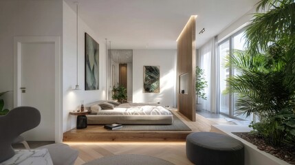Fototapeta premium Modern minimalist bedroom with natural light, greenery, wooden accents, and cozy furniture in a serene atmosphere