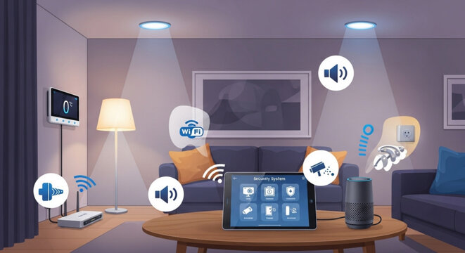 Smart home technology and automation system on tablet in modern living room with voice control and wireless connectivity