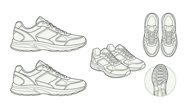 Athletic shoes multi-angle technical line drawing illustration featuring side top perspective sole view design details flat vector illustration