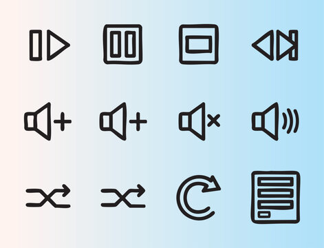 Handdrawn media player icons set isolated on pastel background