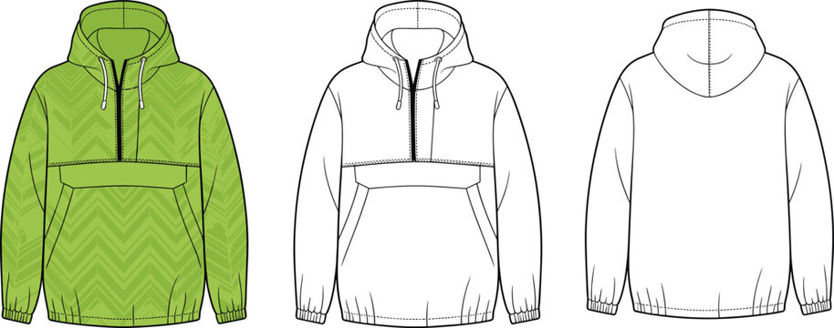 Three hooded jackets with zippers and pockets in green and white colors green jacket white jacket