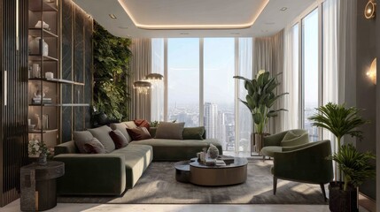 Obraz premium Modern Living Room with Floor-to-Ceiling Windows and Stylish Greenery in Urban High-Rise Apartment
