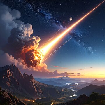 A massive asteroid impacts a mountainous landscape under a starry sky