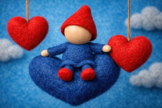 Gnomo de fieltro artesanal sentado en coraz&oacute;n azul, mu&ntilde;eco de lana con corazones rojos colgantes, decoraci&oacute;n rom&aacute;ntica de San Valent&iacute;n