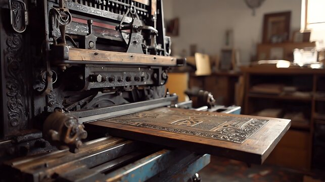 An antique vintage printing press and retro metal typewriter sit as objects of old technology amidst the industrial city, blending equipment with abstract wooden elements like a classic train