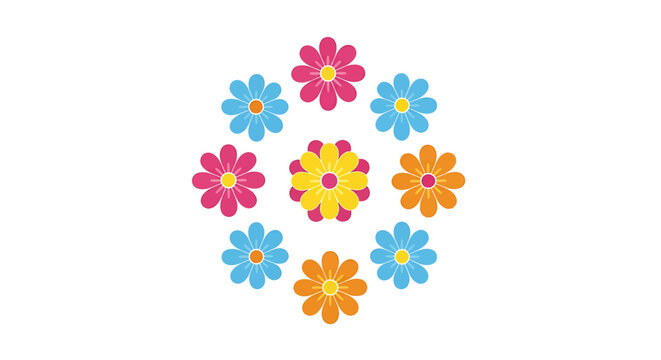 Colorful floral arrangement with pink, blue, and orange flowers inspired by Indian festivals on clean white backdrop, decorative design motif