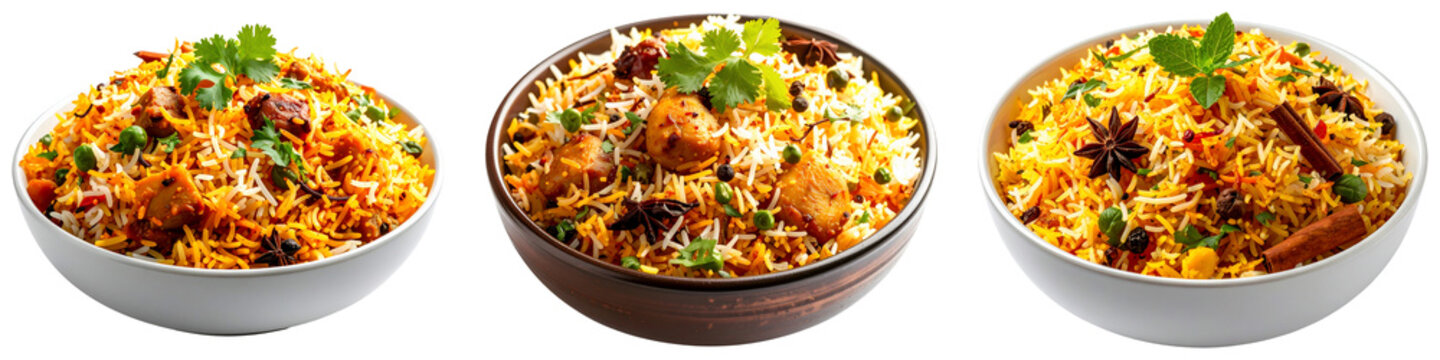Collection of Three bowls of colorful Indian chicken biryani rice dish garnished with spices and herbs isolated on transparent background. PNG die-cut for advertising