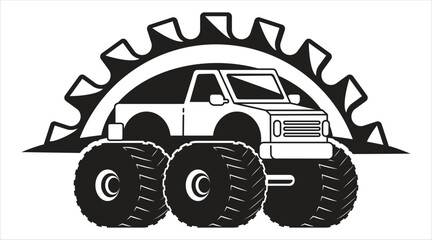 Monster truck black and white vector graphic with giant gear cog © MD ABDUL MOMIN