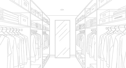 Fototapeta premium Line art illustration of a modern walk-in closet with clothes, shelves, and a mirror.