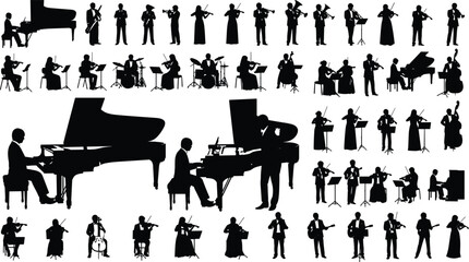 Orchestra musicians silhouette collection with piano violin cello and band performers isolated on white background for classical music design © Nayan Stock