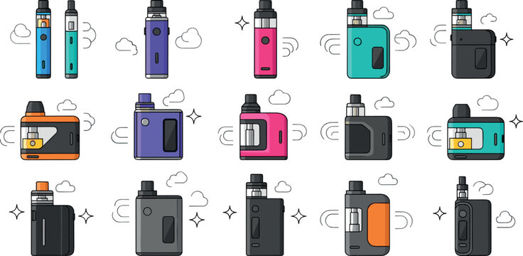 Vape device collection with colorful electronic cigarettes and vapor clouds modern vaping gadget vector illustration set
