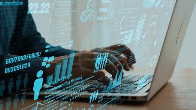 A close-up view of hands typing on a laptop with a digital overlay of communication data and global networking graphics, showcasing modern technology and connectivity. Cipher