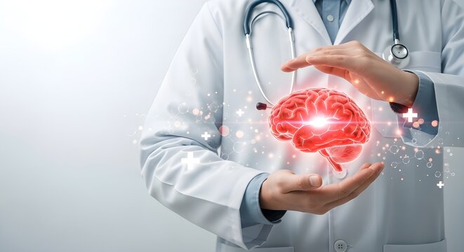Doctor Holding Glowing Brain Hologram Symbolizing Neurological Healthcare Awareness for World Parkinson Day and Brain Disease Research