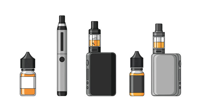Assorted collection of electronic cigarettes including various vape mods and bottles of flavored liquid for e-cigarette users.