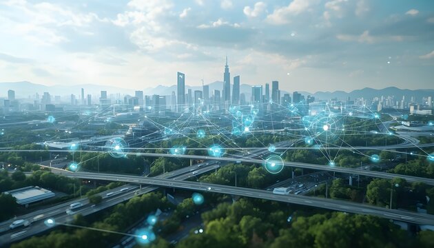 Cityscape with a network of connections and highways leading to skyscrapers under a cloudy sky with digital nodes and lines overlayed across the scene.