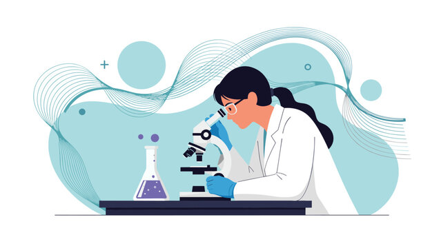 Dedicated female scientist looking through a microscope in a modern laboratory for medical research or scientific discovery and analysis.