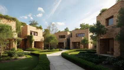 Modern stone houses with green roofs and manicured gardens in a serene courtyard setting with a clear blue sky and white clouds