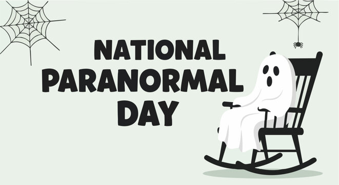 Ghost sitting in rocking chair on National Paranormal Day in spooky minimalist style with black and white colors and flat illustration for Halloween greeting card