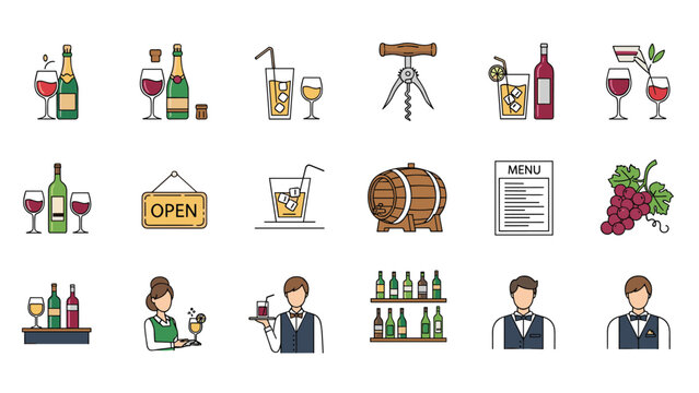 Comprehensive set of flat icons representing bar and restaurant services including drinks, bartenders, menus, and various hospitality symbols.