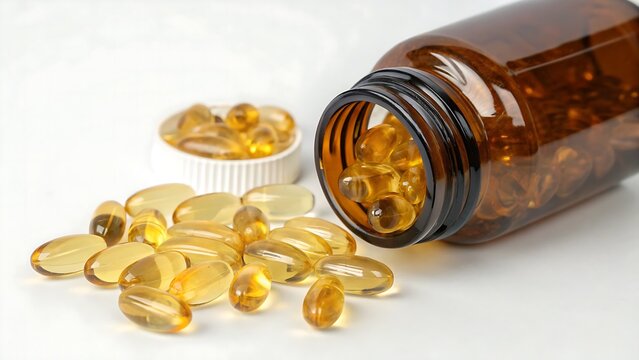 Brown tinted glass bottle of fish oil softgel capsules with omega 3 and vitamin D on white background,health, bottle, pills, pharmacy, tablet, medication, treatment, care, capsules, addiction, medical