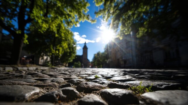 Sunlit cobblestone path flanked by lush green trees on bright summer day