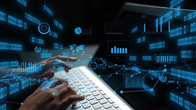 A close-up view of hands typing on a keyboard with a backdrop of glowing digital graphs and data streams, highlighting the importance of technology in data analysis and decision-making. Xenic