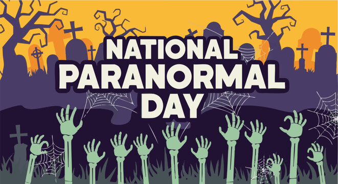 Spooky zombie hands rising from graveyard illustration for national paranormsl day in eerie orange sunset lighting for Halloween