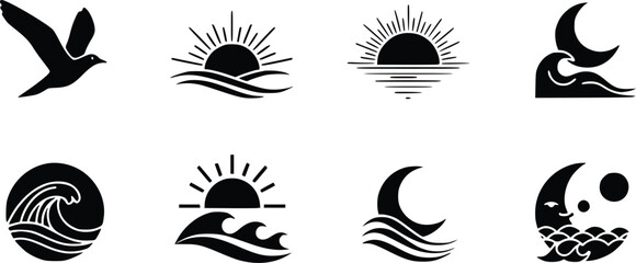 Naklejka premium Minimalist Ocean and Celestial Icon Set with Sun Moon Waves Bird