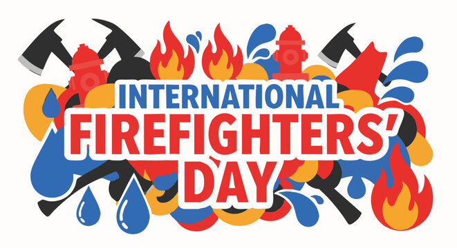 International Firefighters Day logo with flame and firefighter tools in colorful vibrant lighting for emergency service
