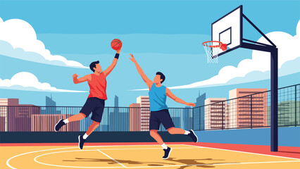 Two athletic men are playing a competitive game of basketball on an outdoor rooftop court with a city skyline in the background. © MS