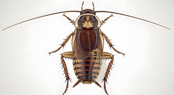 A top-down view of a German cockroach showing its symmetrical wing structure and long antennae