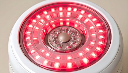 Light therapy. Skincare technology. Emitting red LED illumination from cosmetic device used for skin rejuvenation treatment,