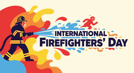Fototapeta premium Firefighter spraying water for International Firefighters Day in dynamic flat design, heroic, with bright contrasting colors as a vector illustration for event promotion and public awareness.