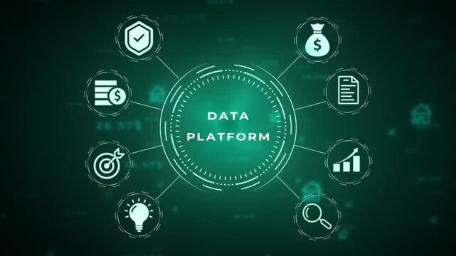 Digital interface displaying the word DATA in a glowing circular HUD with for money bag document and growth chart on a dark green abstract background with numerical data and light effects