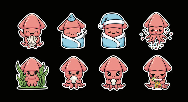 Cute kawaii squid vector sticker set featuring adorable marine creatures in various charming poses, ideal for fun ocean themes, available as a scalable SVG illustration