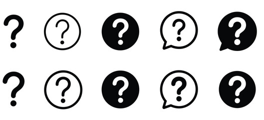 Question Marks Icon Set, Bubble Question and Help Symbols, Isolated Question Mark Vector, Inquiry and FAQ Icons, User Interface and Support Illustration for Web, Mobile, and App Interfaces.