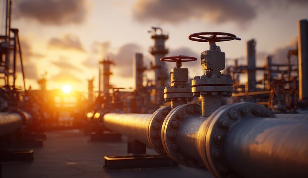 A vibrant sunset illuminates industrial pipes and valves, highlighting the intricate network of a gas or oil processing facility.