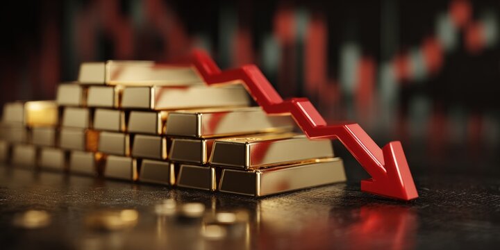 A visual representation of declining gold bars, with a downward arrow indicating a drop in value, set against a backdrop of fluctuating market trends.