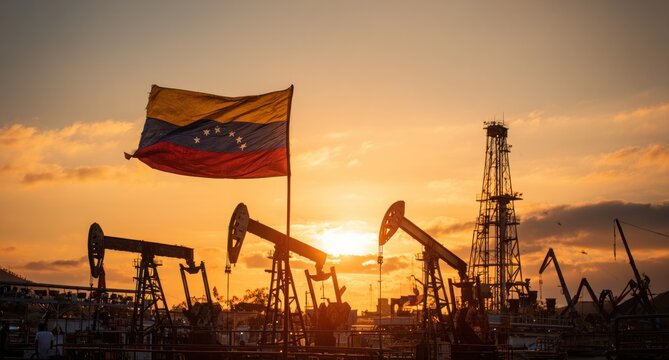 A Venezuelan flag waves against a sunset backdrop, with oil rigs silhouetted, highlighting the country's oil industry and natural resources.