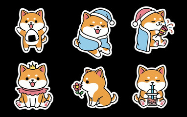 Obraz premium Kawaii sticker set charming svg vector illustrations of playful Shiba Inu dogs in various poses. An adorable collection for digital designs