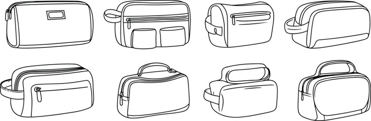 Various styles of toiletry bags with zippers and handles in a minimalist line style line black and white © Hey world