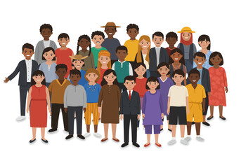 Fototapeta premium Smiling diverse group of people men women children standing together in a friendly inclusive vector illustration.