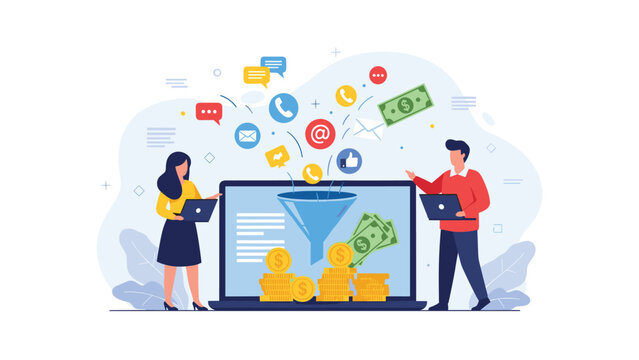Digital marketing funnel and lead generation concept illustration with people at laptops collecting data and converting social interactions.