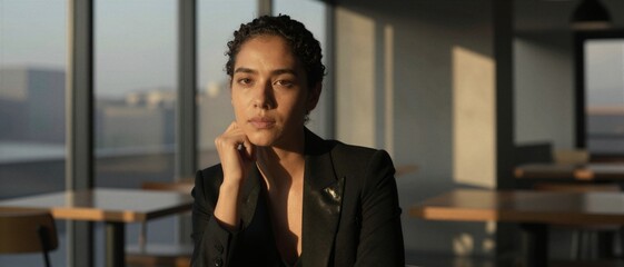 Successful business woman in blazer sitting in modern office, female leadership and professional career growth