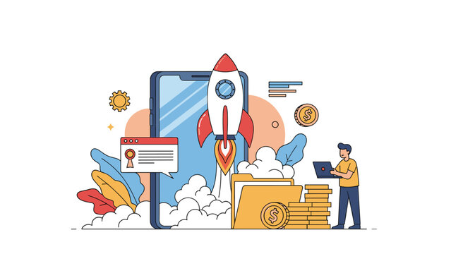 Business startup and mobile app development concept featuring a rocket launching from a smartphone screen alongside coins and file folders.