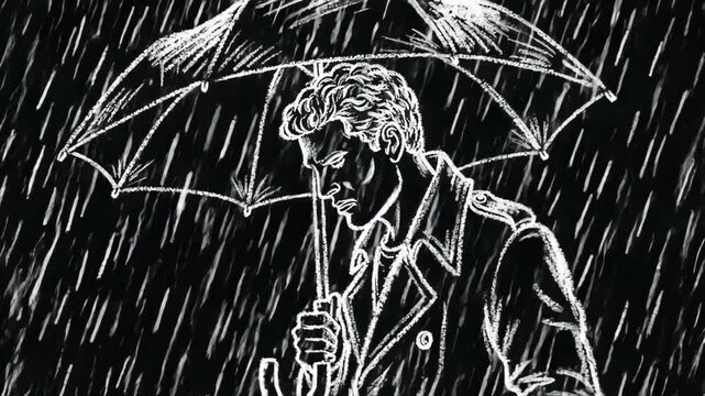 Man with Umbrella Walking in Heavy Rainstorm Sketch Style.