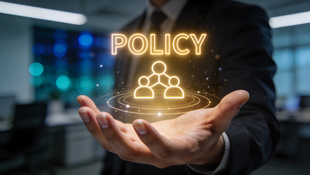 Corporate Policy Concept with Businessman Holding Digital Policy Icon, Business Regulation, Governance and Company Rules Management for Organization Compliance and Leadership Strategy