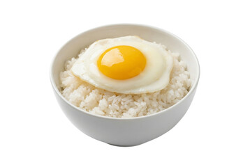 Classic Asian Breakfast of Steamed White Rice Topped with Fried Egg Isolated on White and Transparent Background, PNG. Sunny Side Up Egg Over Rice Bowl for Healthy Food Design