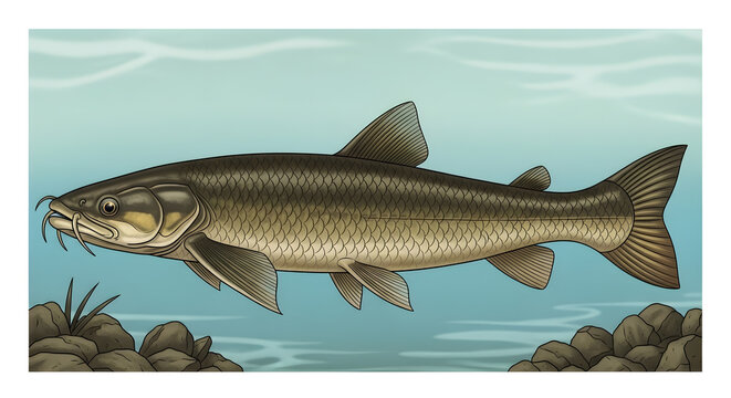 A detailed scientific drawing of a mudfish swimming underwater with its barbels visible and scales clearly defined